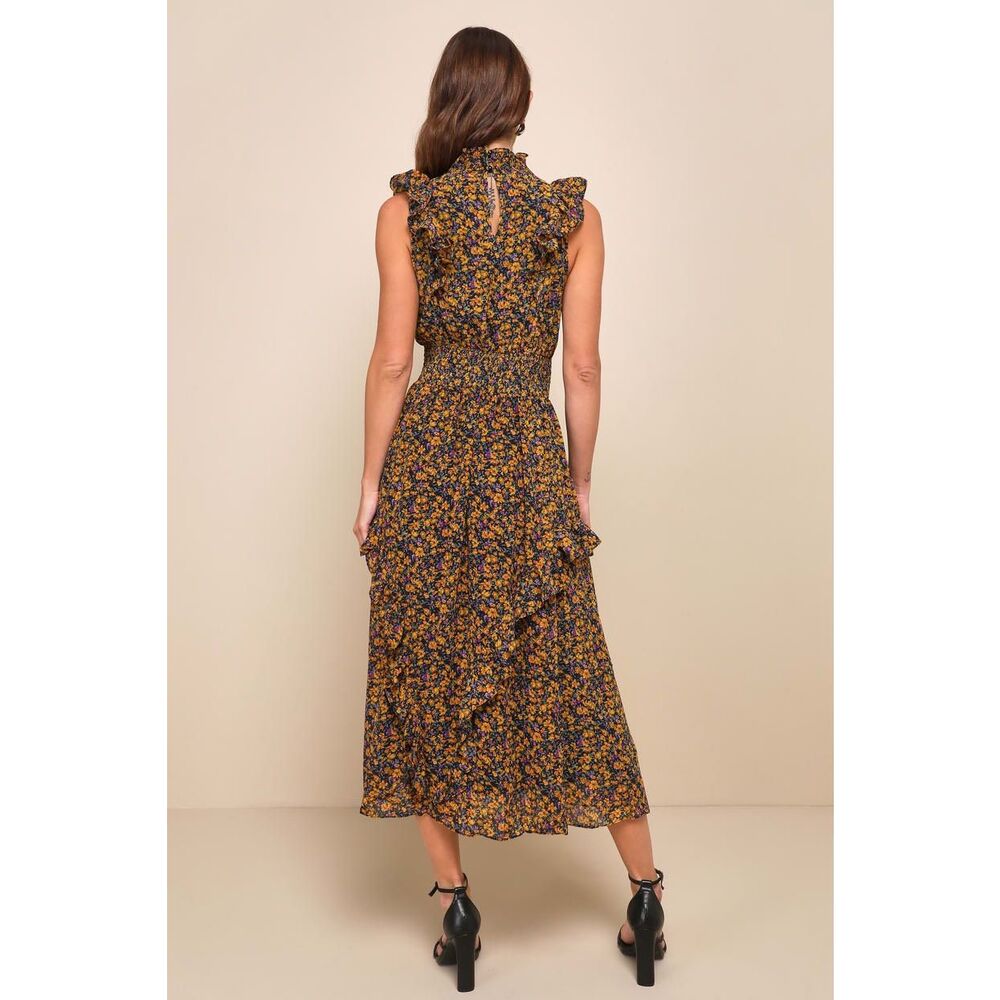 Lulus Midi Dress Evalina NEW Sleeveless Mustard Yellow Floral Print Mock Neck La - Picture 3 of 11